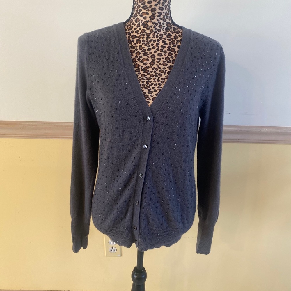 J. Crew Purple Beaded V-Neck Cardigan Sweater Size M Wool Nylon‎ Cashmere Blend